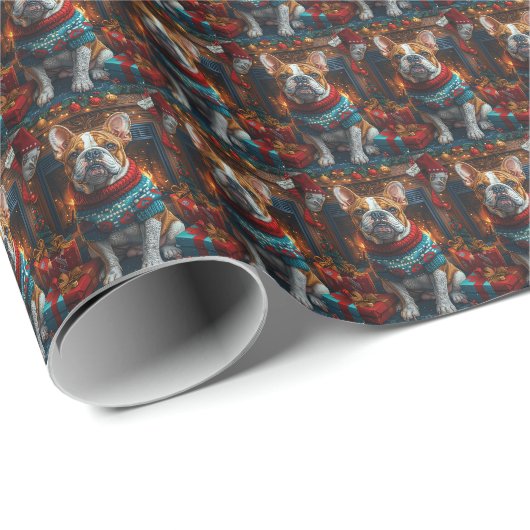 Bulldog met Kerstcadeaus Open Haard Cadeaupapier (Rol Hoek)