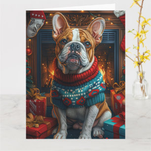 Bulldog met kerstcadeaus open haard kaart