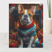 Bulldog met kerstcadeaus open haard kaart (Voorkant)