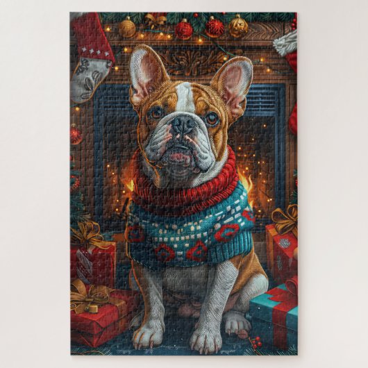 Bulldog met kerstcadeaus open haard legpuzzel (Verticaal)