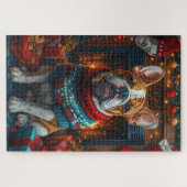 Bulldog met kerstgeschenken open haard legpuzzel (Horizontaal)