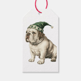 BULLDOG MET KERSTMUTSGEVEL ETIKET CADEAULABEL