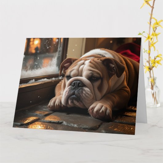 Bulldog met kerstverlichting Vakantie Kaart (Gele Bloem)