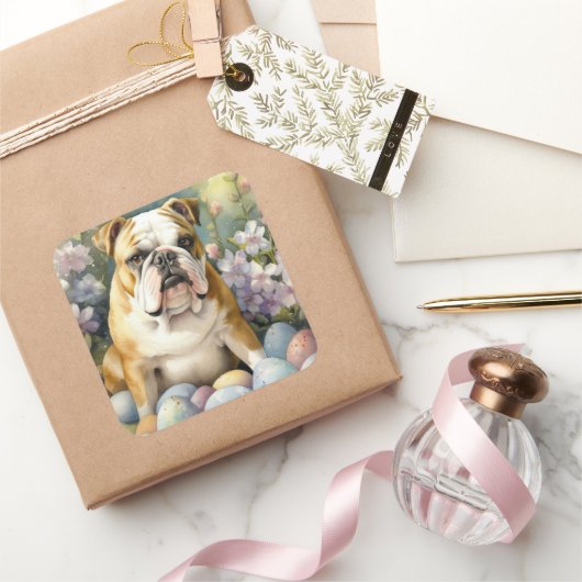 Bulldog met paaseieren Vakantie Vierkante Sticker (Geschenken)
