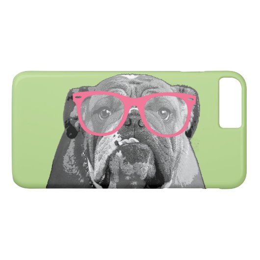 Bulldog met roze bril tast Funny Phone 7+ Hoesje (Achterkant (Horizontaal))