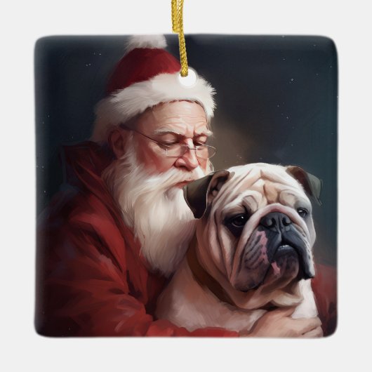 Bulldog met sinterklaas feestelijke kerst keramisch ornament (Voorkant)