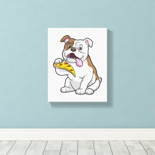 Bulldog met stuk Pizza Canvas Afdruk (Insitu (Houten vloer))