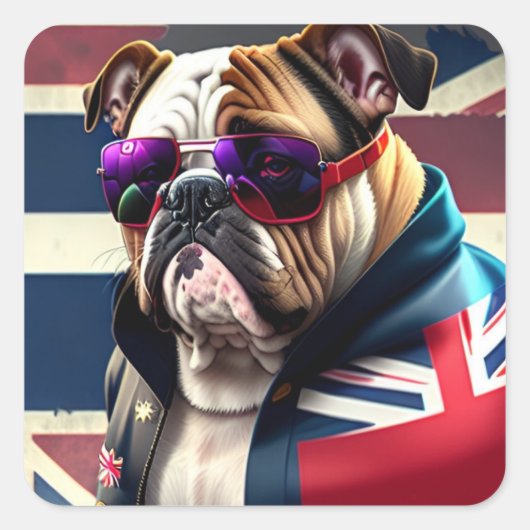 Bulldog met Union Jack Jacket Vierkante Sticker (Voorkant)