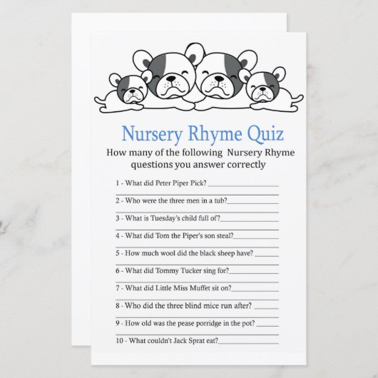 Bulldog Nursery Rhyme Quiz baby shower game (Voorkant / Achterkant)