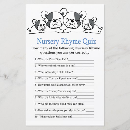 Bulldog Nursery Rhyme Quiz baby shower game (Voorkant)