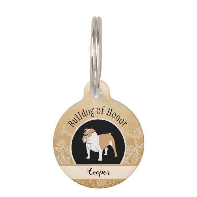 Bulldog of Honor Wedding Gold met Faux Lace Huisdierpenning (Voorkant)