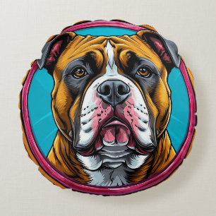 Bulldog omlijst door een cirkelvormig decoratief o rond kussen