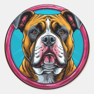 Bulldog omlijst door een cirkelvormig decoratief o ronde sticker