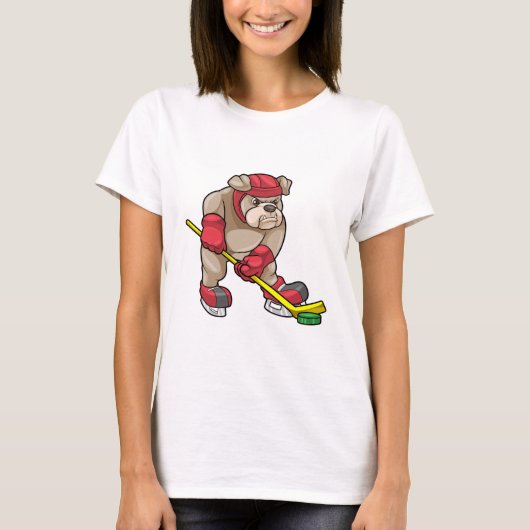 Bulldog op Ice hockey met Hockey stick T-shirt (Voorkant)