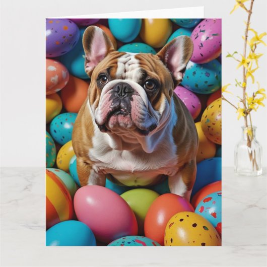 Bulldog Pasen Eieren Kaart (Gele Bloem)