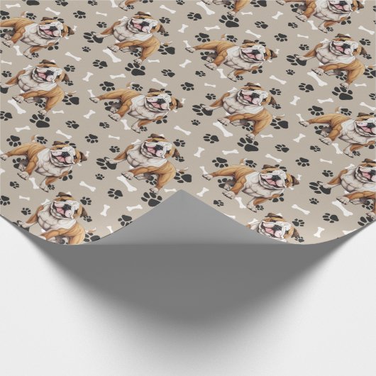 Bulldog Paw Print en Bone Pattern Cadeaupapier (Hoek)