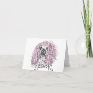 Bulldog Pink Wig Birthday Celebrance note Card Kaart