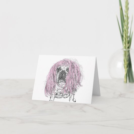 Bulldog Pink Wig Birthday Celebrance note Card Kaart (Voorkant)