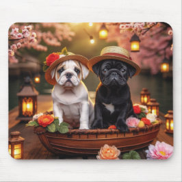Bulldog & Pug Puppies in Bloemenschuit Muismat