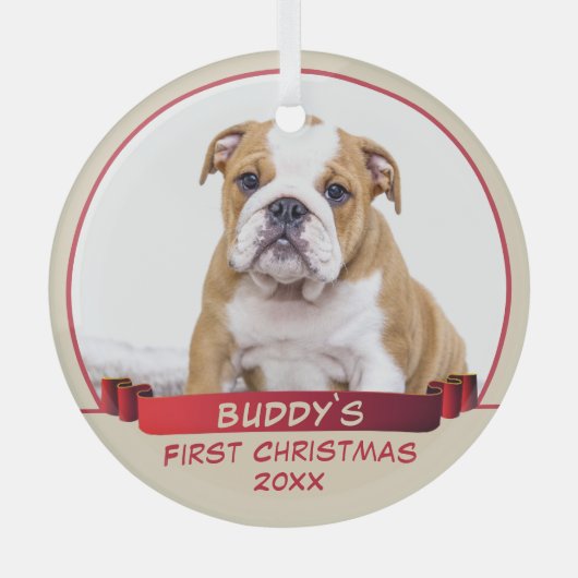 Bulldog Puppy 1e kerstdag Red Ribbon Dog Foto Glas Ornament (Voorkant)