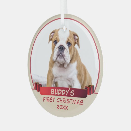 Bulldog Puppy 1e kerstdag Red Ribbon Dog Foto Glas Ornament (Voorkant links)