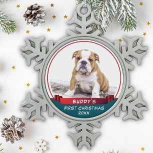 Bulldog Puppy 1e kerstdag Red Ribbon Dog Foto Tin Sneeuwvlok Ornament
