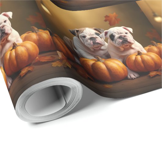 Bulldog Puppy Herfst Delight Pompoen Cadeaupapier (Rol Hoek)