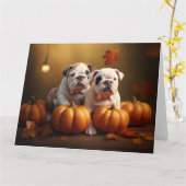 Bulldog Puppy Herfst Delight Pompoen Kaart (Gele Bloem)