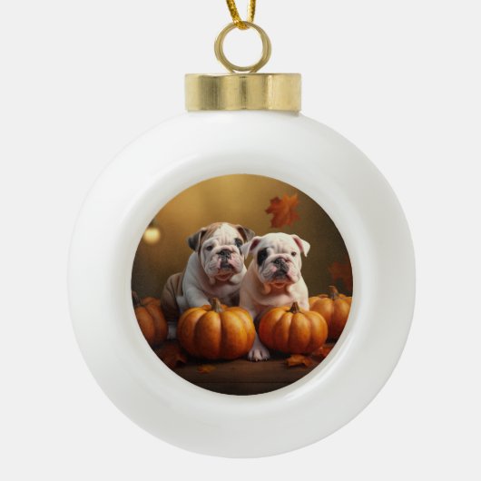 Bulldog Puppy Herfst Delight Pompoen Keramische Bal Ornament (Voorkant)