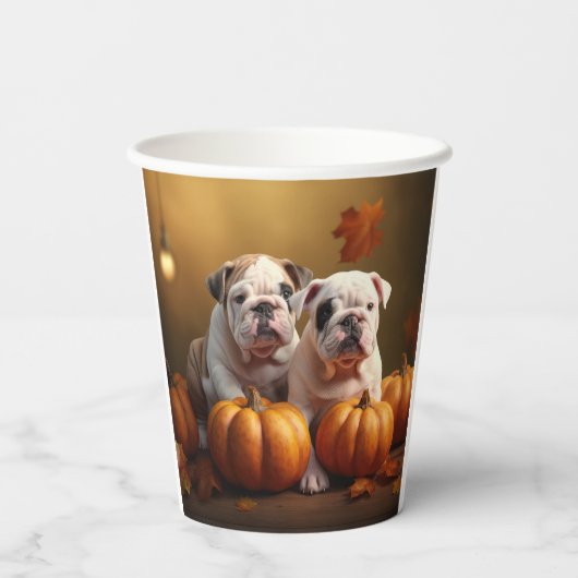 Bulldog Puppy Herfst Delight Pompoen Papieren Bekers (Achterkant)
