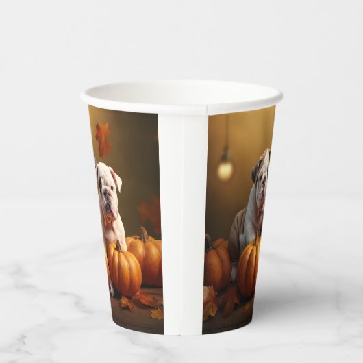 Bulldog Puppy Herfst Delight Pompoen Papieren Bekers (Rechts)