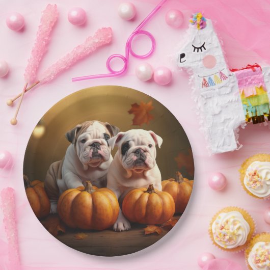 Bulldog Puppy Herfst Delight Pompoen Papieren Bordje (Feest)