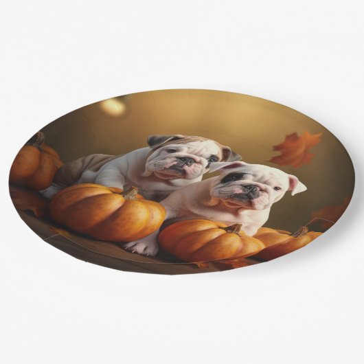 Bulldog Puppy Herfst Delight Pompoen Papieren Bordje (Gekanteld)