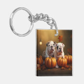 Bulldog Puppy Herfst Delight Pompoen Sleutelhanger (Voorkant Links)