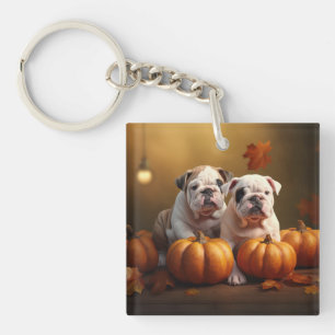 Bulldog Puppy Herfst Delight Pompoen Sleutelhanger