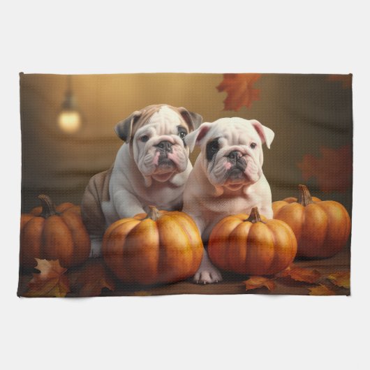 Bulldog Puppy Herfst Delight Pompoen Theedoek (Horizontaal)