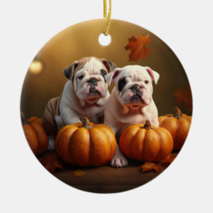 Bulldog Puppy Herfst Plezier Pompoen Keramisch Ornament