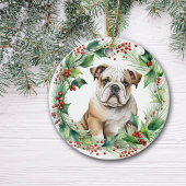 Bulldog Puppy Holly Krans Kerstmis Keramisch Ornament