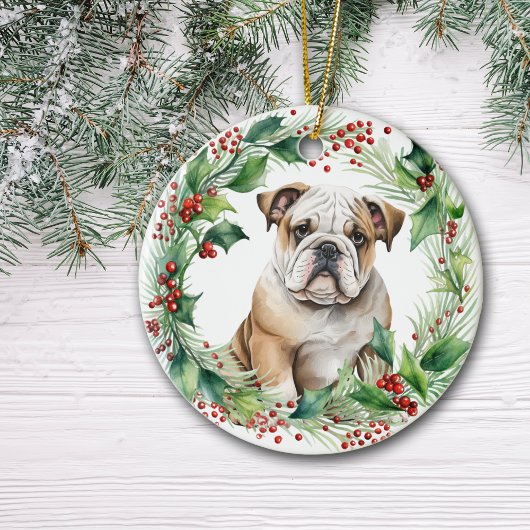 Bulldog Puppy Holly Krans Kerstmis Keramisch Ornament