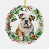 Bulldog Puppy Holly Krans Kerstmis Keramisch Ornament (Voorkant)