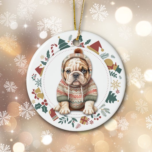 Bulldog Puppy in Winter Sweater Kerstmis Keramisch Ornament