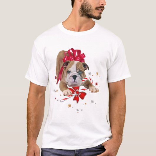 Bulldog puppy met rode boog en snoepriet t-shirt (Voorkant)