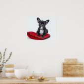 Bulldog Puppy op rood kussen Poster (Keuken)