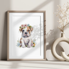 Bulldog Puppy Pet Waterverf Flower Poster