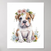 Bulldog Puppy Pet Waterverf Flower Poster (Voorkant)