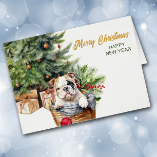 Bulldog puppy rieten mand kerst