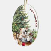 Bulldog puppy rieten mand kerst keramisch ornament (Links)