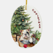 Bulldog puppy rieten mand kerst keramisch ornament (Voorkant)