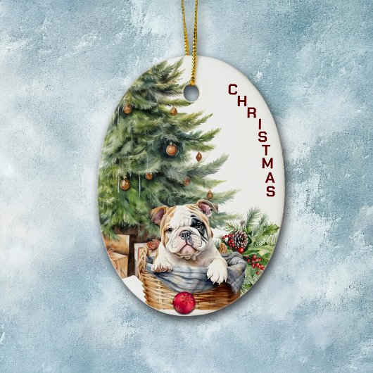 Bulldog puppy rieten mand kerst keramisch ornament