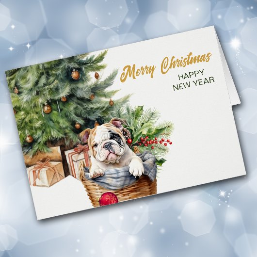 Bulldog Puppy Rieten Mand Kerstmis